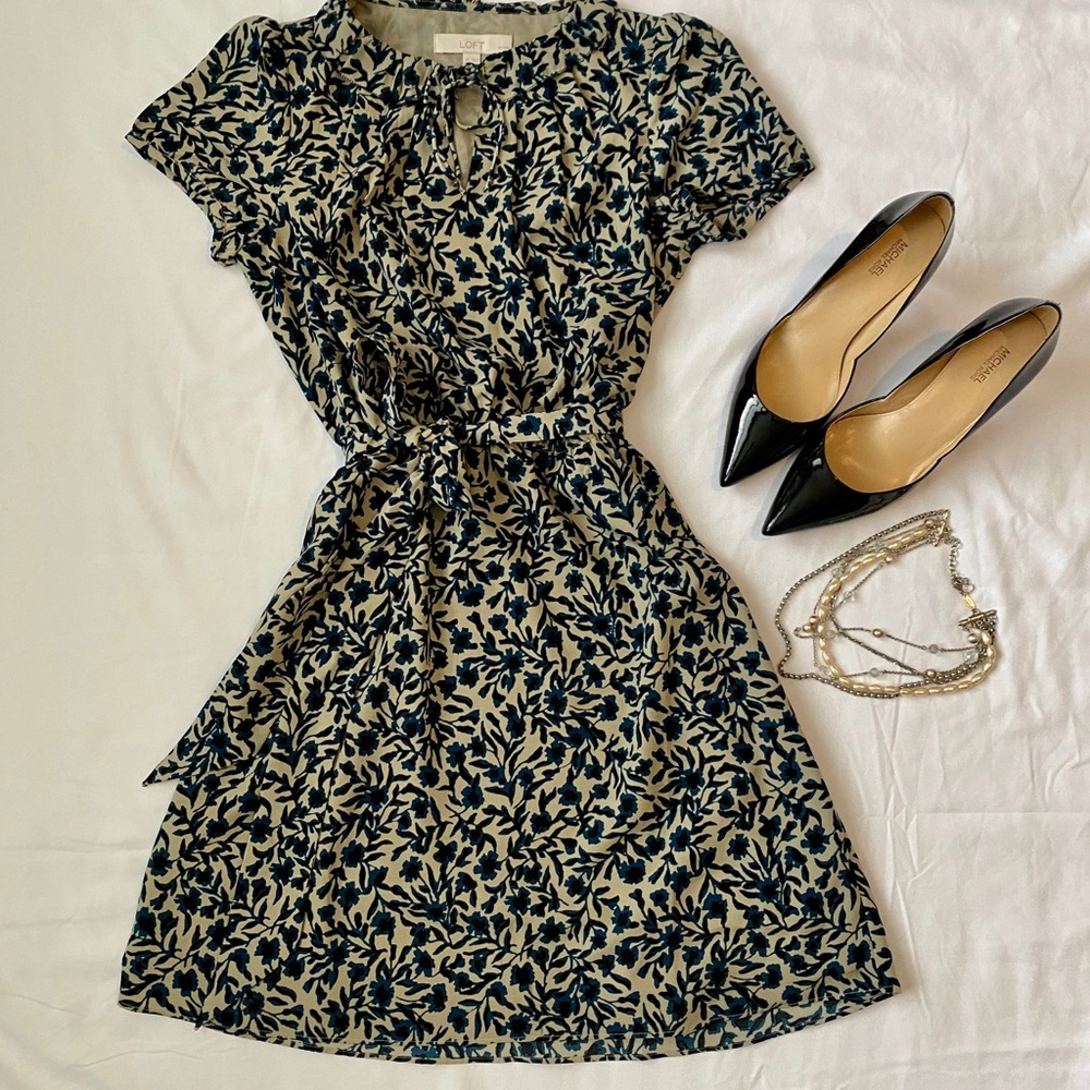 Loft Petite Dress- Blue/black/taupe. Size SP